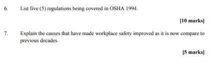 Solved 6. List five (5) regulations being covered in OSHA | Chegg.com