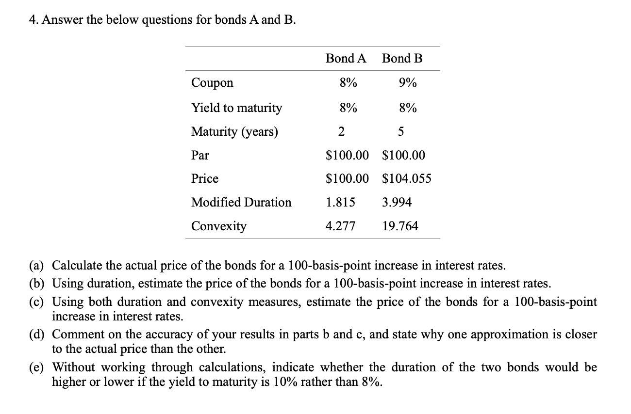 4. Answer the below questions for bonds A and B. (a) | Chegg.com