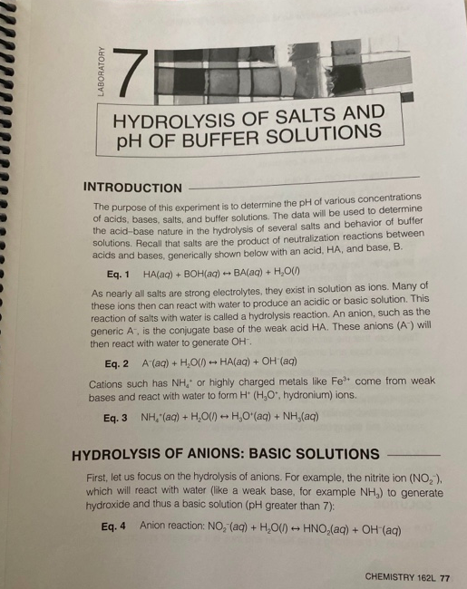 Solved LABORATORY 71 HYDROLYSIS OF SALTS AND pH OF BUFFER