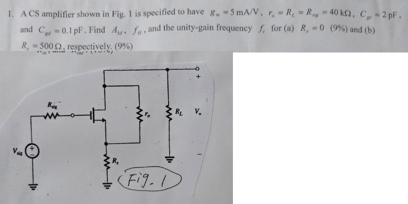 Solved 1. A CS amplifier shown in Fig. 1 is specified to | Chegg.com