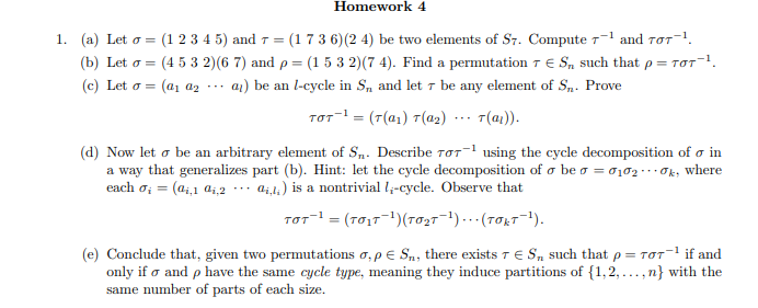 Solved Homework 4 1. (a) Let o = (1 2 3 4 5) and 1 = (1 736) | Chegg.com