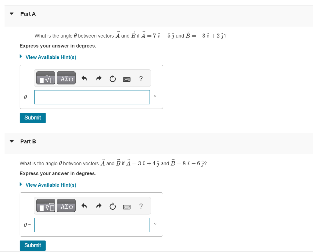 Solved What is the angle θ between vectors A and B if | Chegg.com