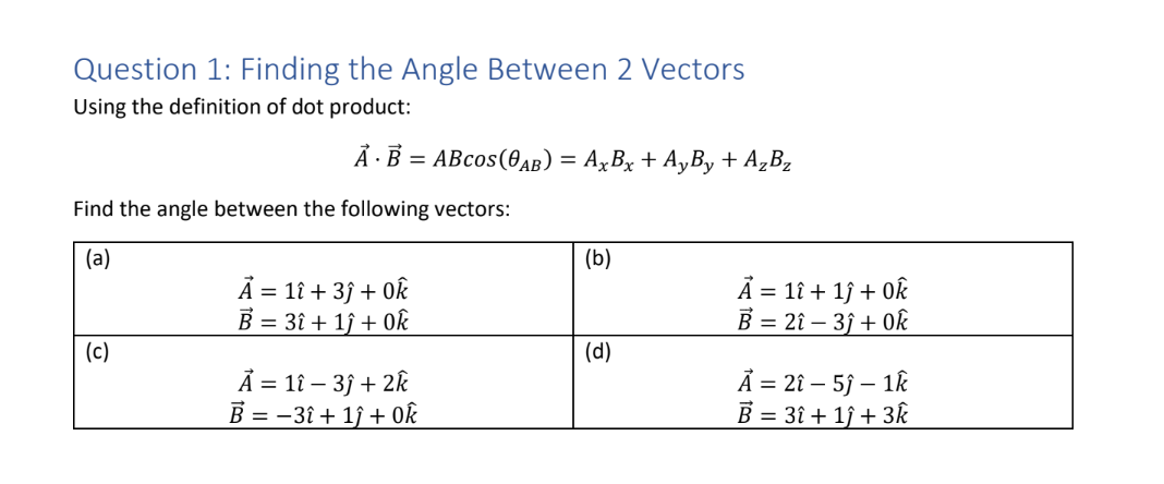 Solved Question 1: Finding the Angle Between 2 Vectors Using | Chegg.com