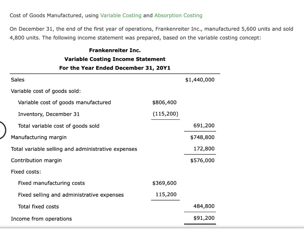 Solved Cost of Goods Manufactured, using Variable Costing