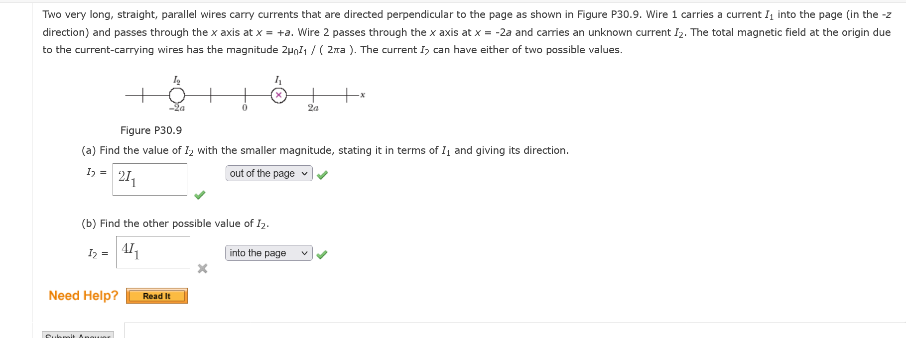 Solved Two very long, straight, parallel wires carry