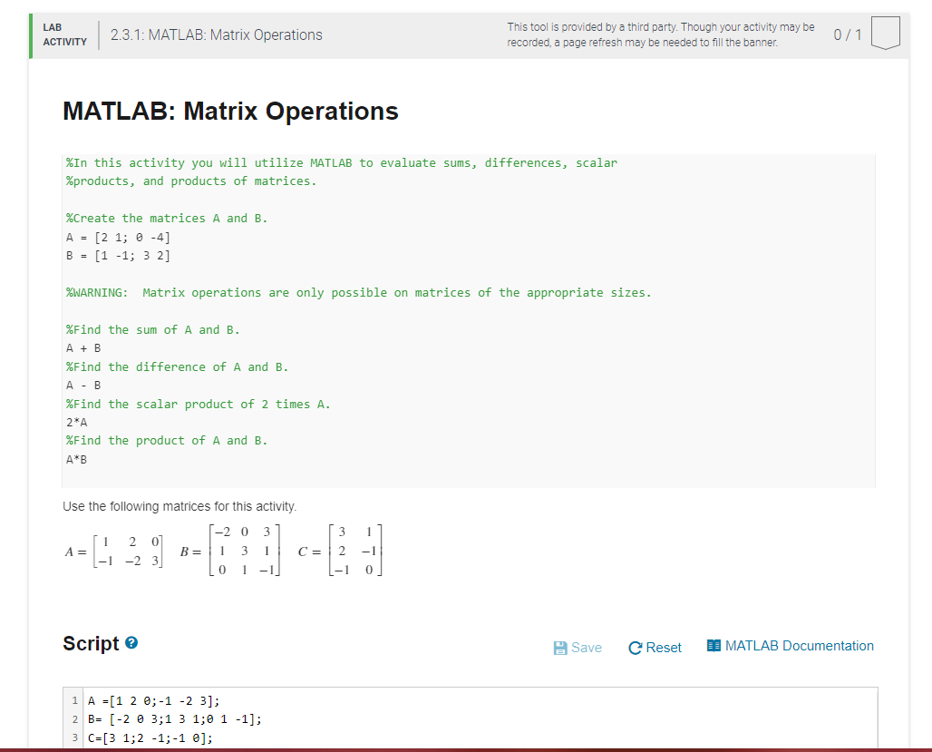 Solved LAB ACTIVITY 2.3.1: MATLAB: Matrix Operations This | Chegg.com
