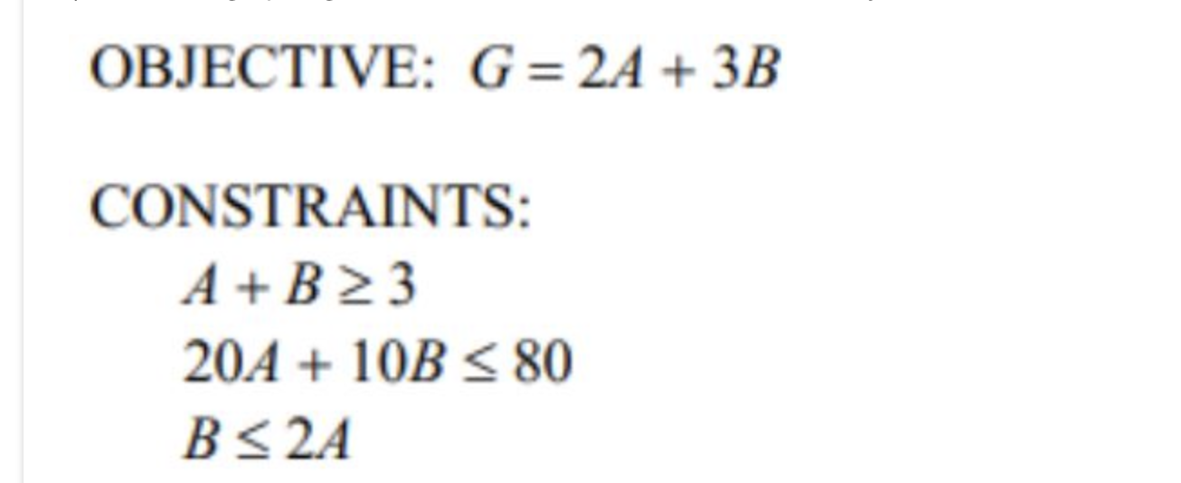 OBJECTIVE: \( G=2 A+3 B \) CONSTRAINTS: \[ \begin{array}{l} A+B \geq 3 \\ 20 A+10 B \leq 80 \\ B \leq 2 A \end{array} \]