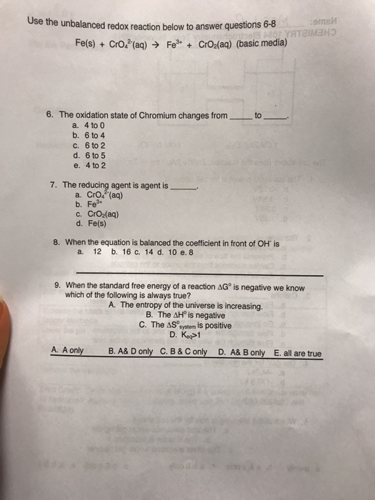 Solved Use The Unbalanced Redox Reaction Below To Answer | Chegg.com