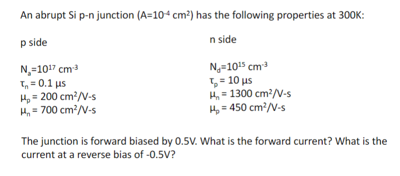 Solved An abrupt Si p-n junction (A=10-4 cm2) has the | Chegg.com