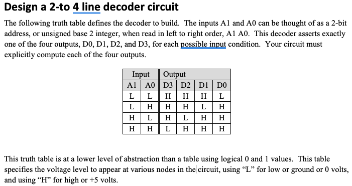 Solved Design a 2-to 4 line decoder circuit The following | Chegg.com