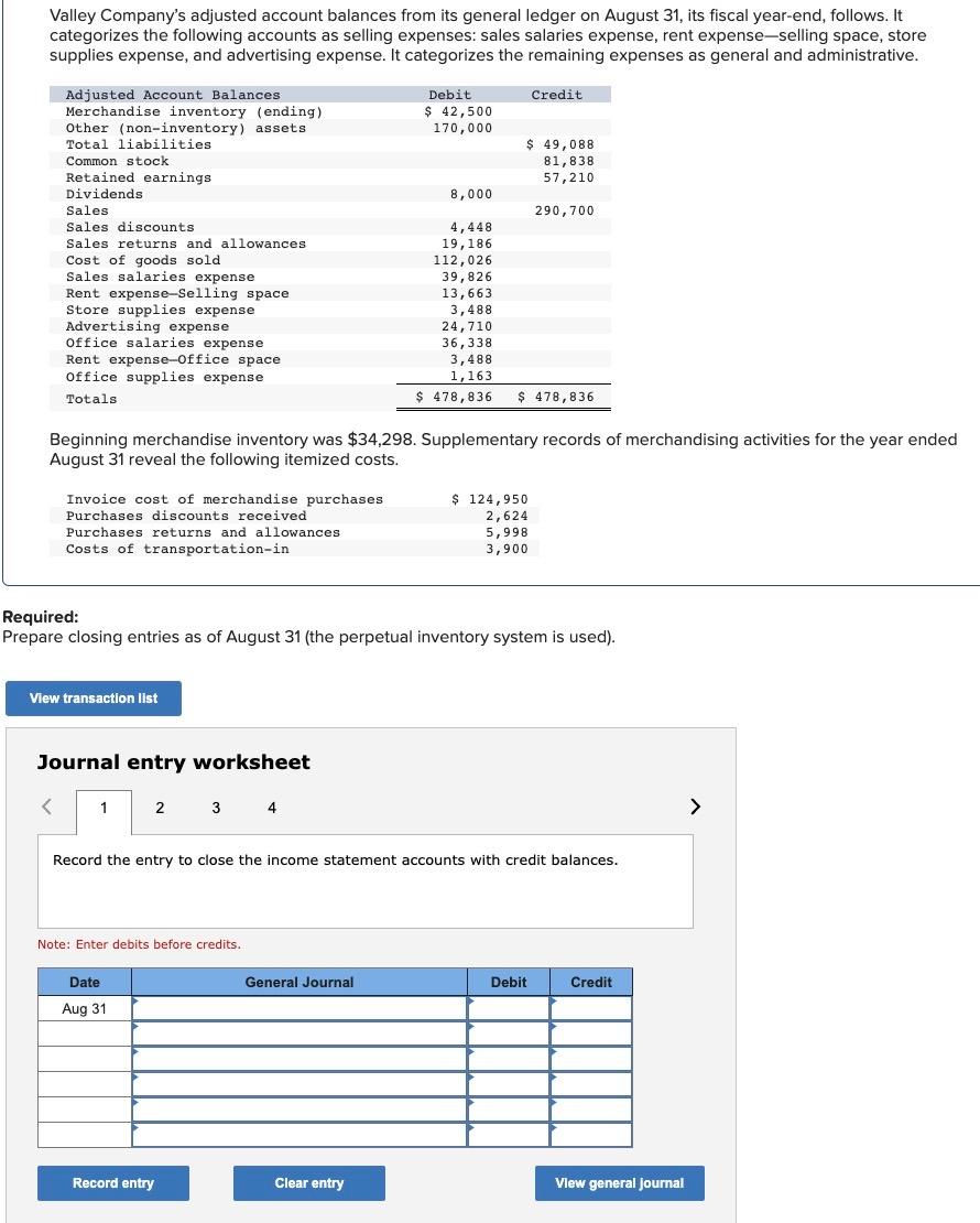 Solved Valley Company's adjusted account balances from its