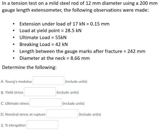 Solved In a tension test on a mild steel rod of 12 mm | Chegg.com