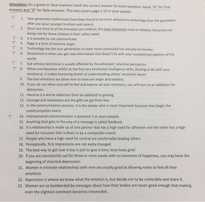 Solved Directions: On A Green Or Blue Scantron Mark The 