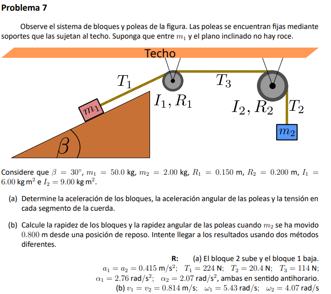 Observe el sistema de bloques y poleas de la figura. Las poleas se encuentran fijas mediante soportes que las sujetan al tech