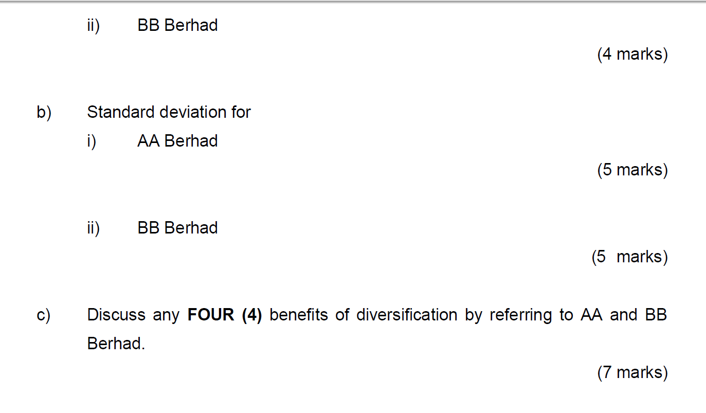 Solved The Returns On AA Berhad And BB Berhad Are Given | Chegg.com