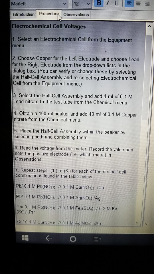 Solved ELECTROCHEMICAL CELL LAB OBSERVATIONS PART 1