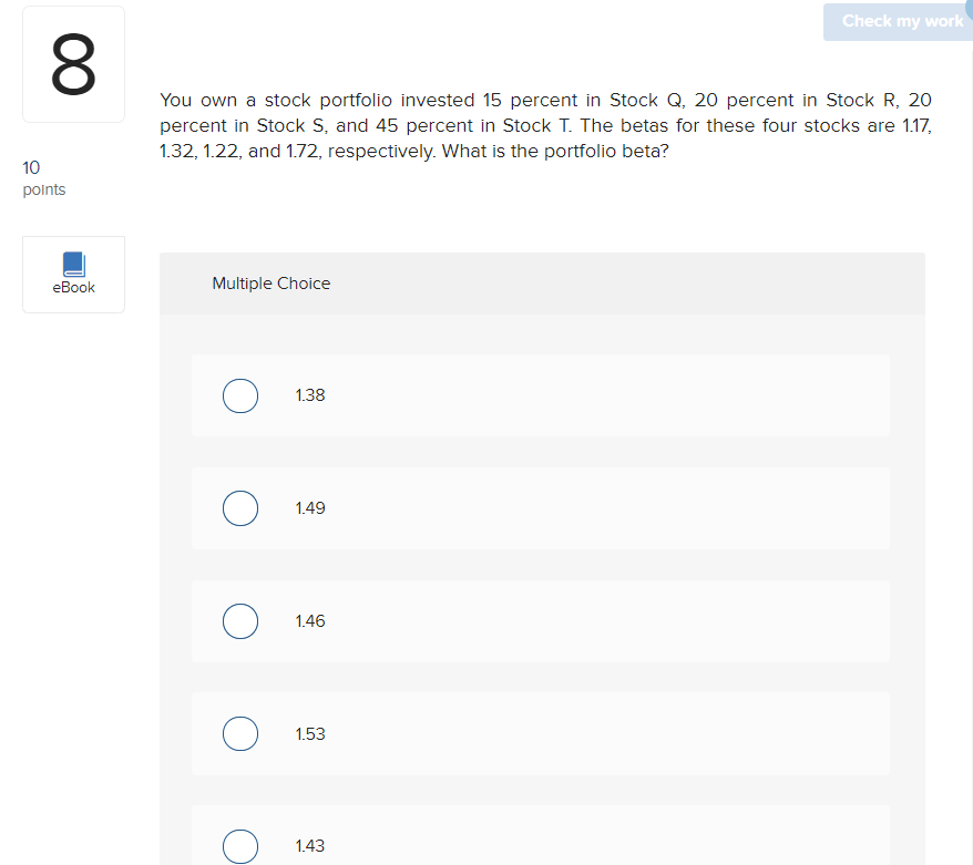 Solved Check my work 00 You own a stock portfolio invested | Chegg.com