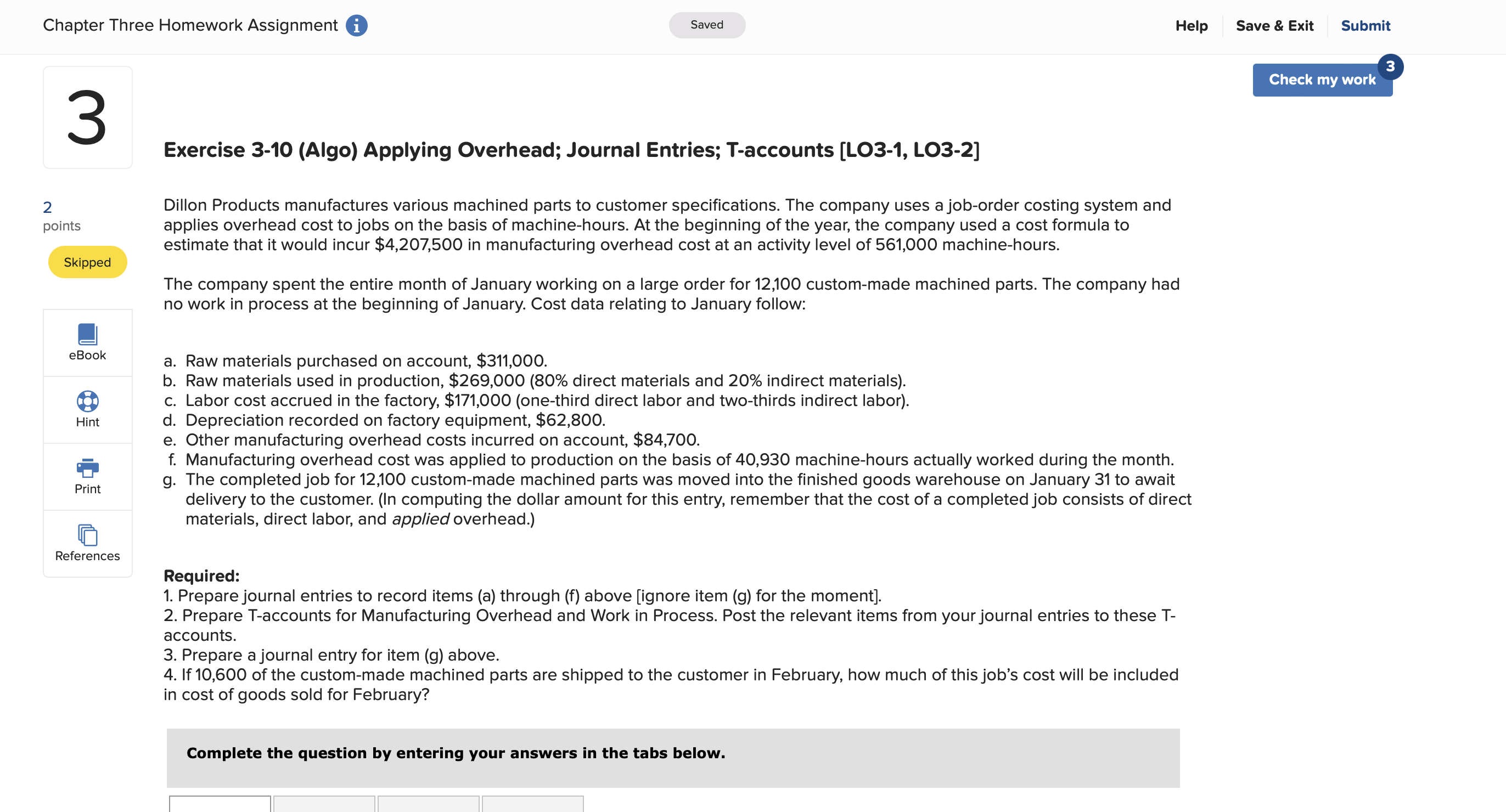 Exercise 3-10 (Algo) Applying Overhead; Journal | Chegg.com