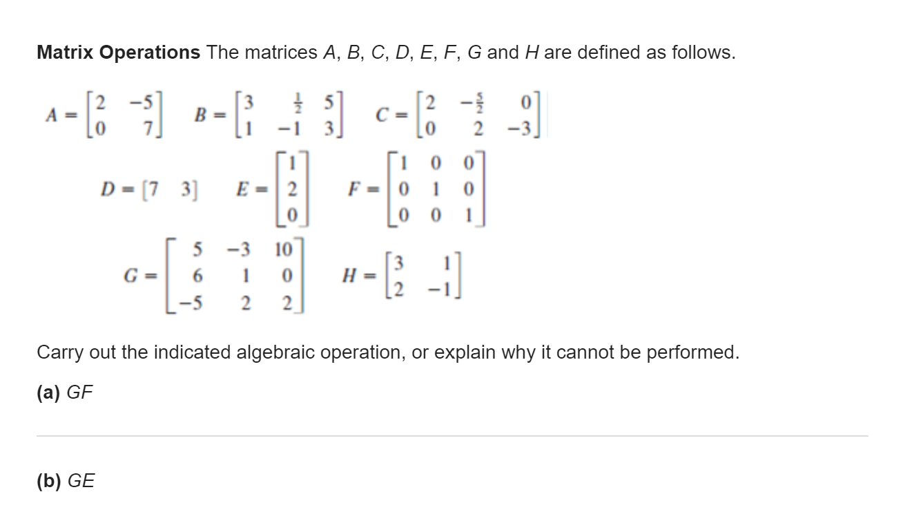 Solved Matrix Operations The matrices A, B, C, D, E, F, G | Chegg.com
