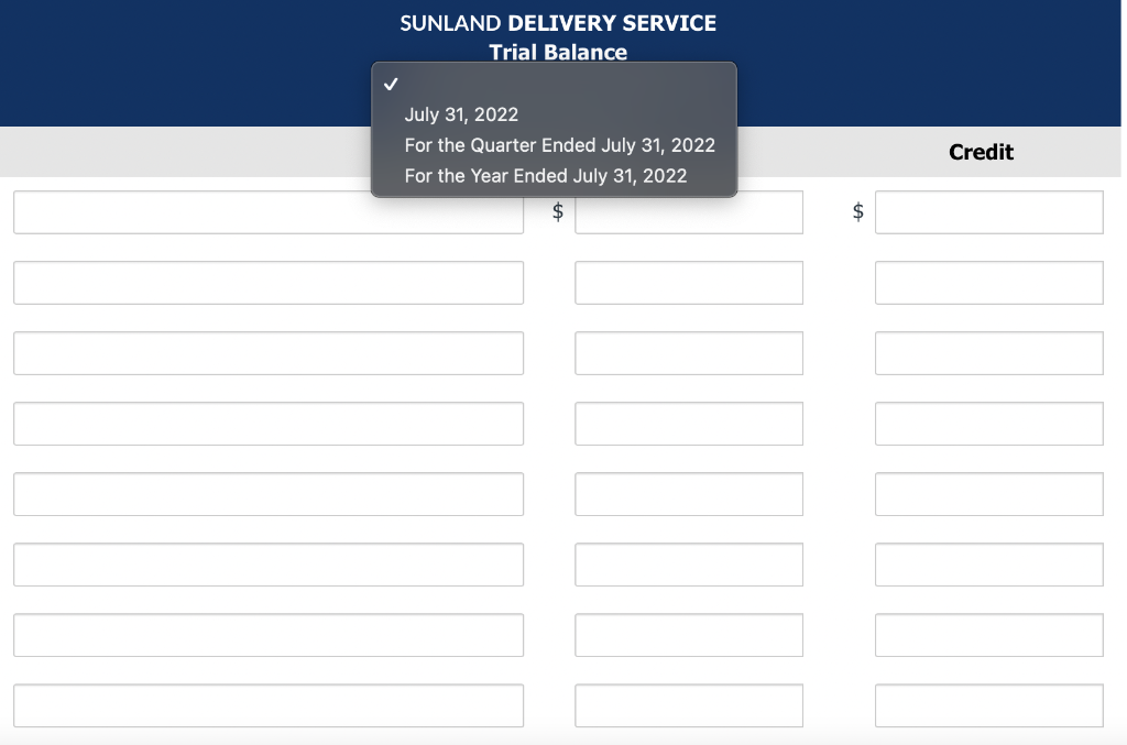 Solved The accounts in the ledger of Sunland Delivery | Chegg.com