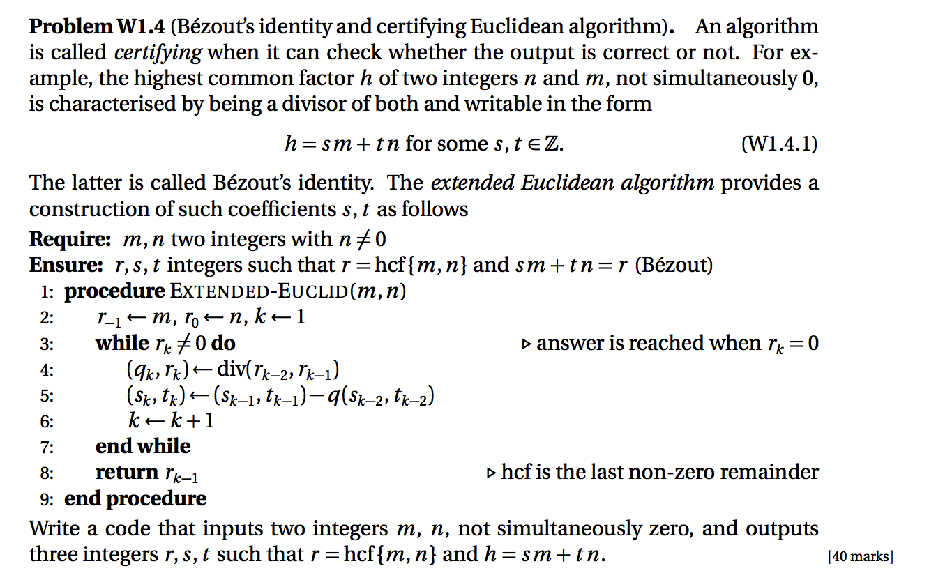 Solved Problem W1.4 (Bézout's identity and certifying | Chegg.com