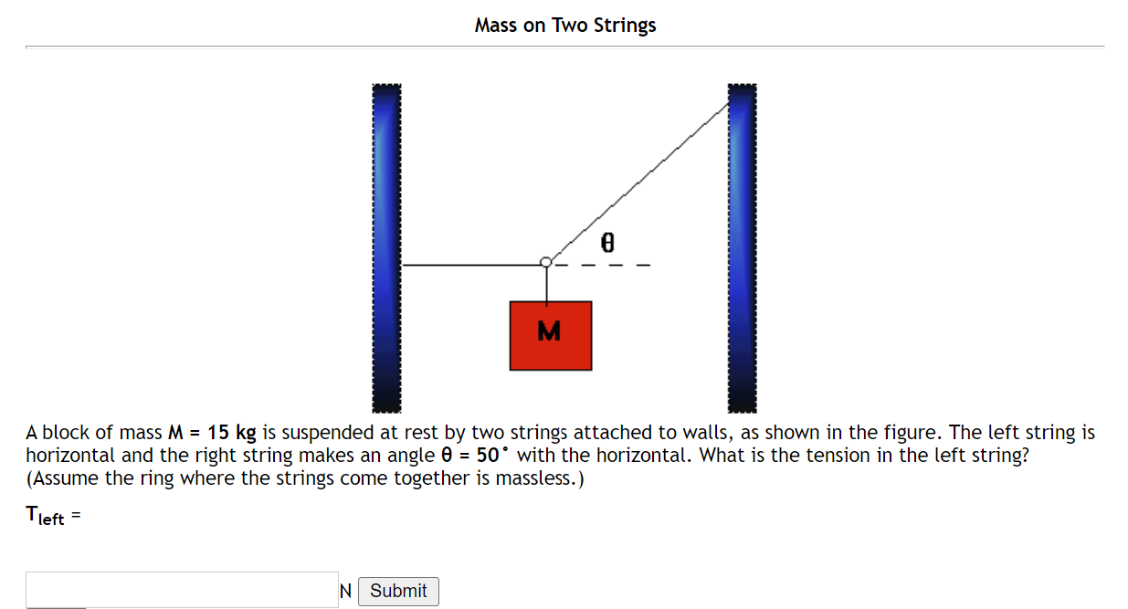 Solved Mass on Two Strings A block of mass M=15 kg is | Chegg.com