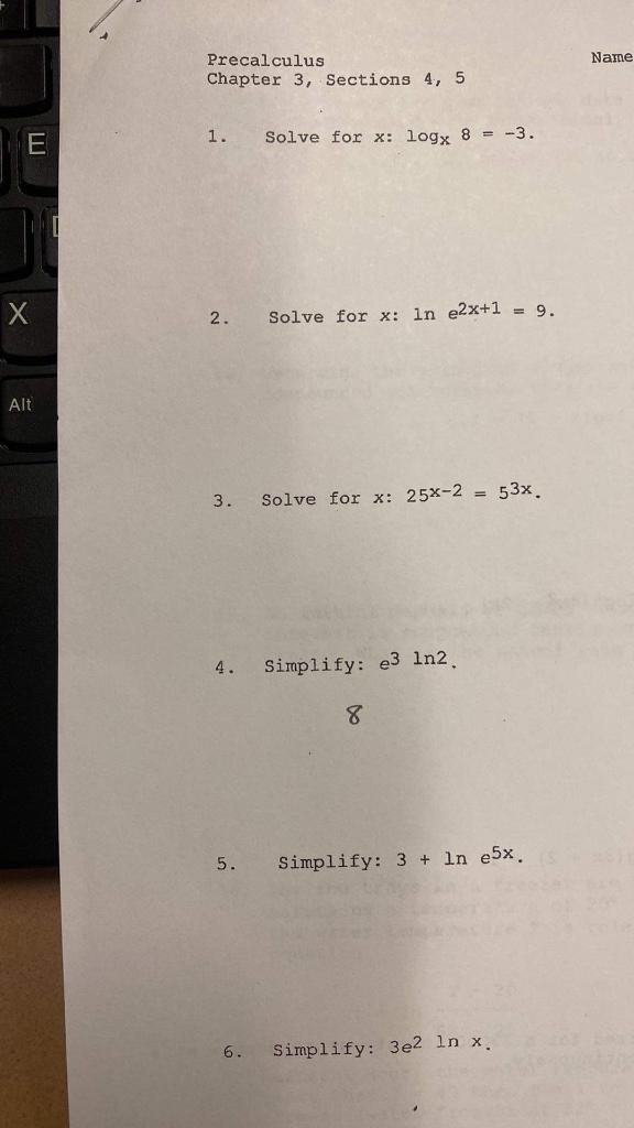 Solved Name Precalculus Chapter 3, Sections 4, 5 1. Solve | Chegg.com