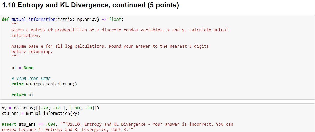 1.10 Entropy and KL Divergence, continued (5 points) | Chegg.com