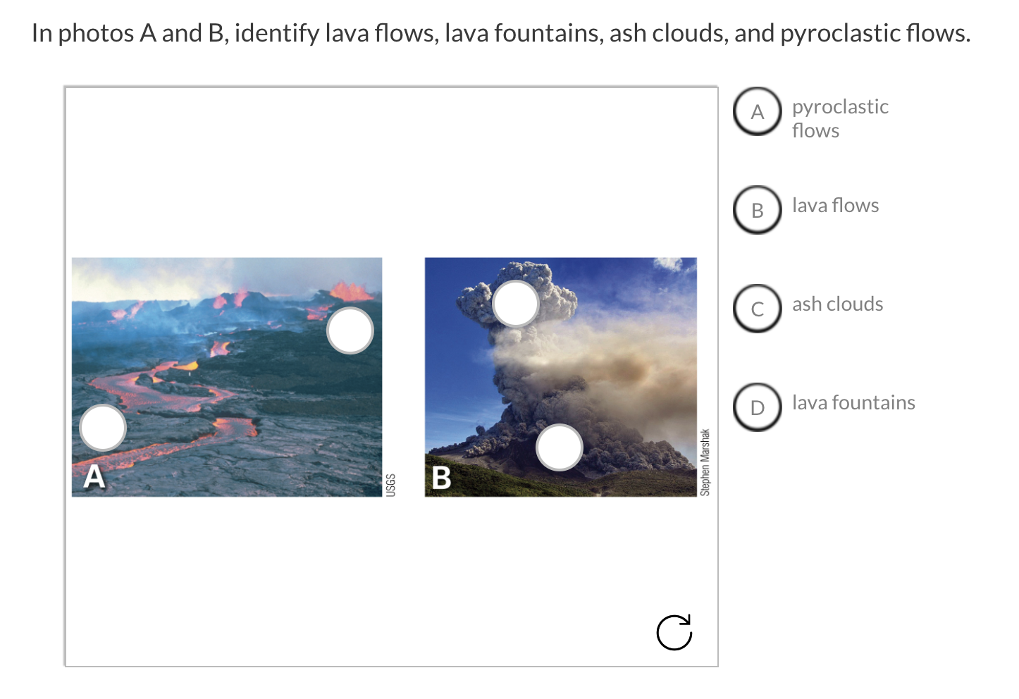 In photos \( A \) and \( B \), identify lava flows, lava fountains, ash clouds, and pyroclastic flows.
pyroclastic
flows
lava