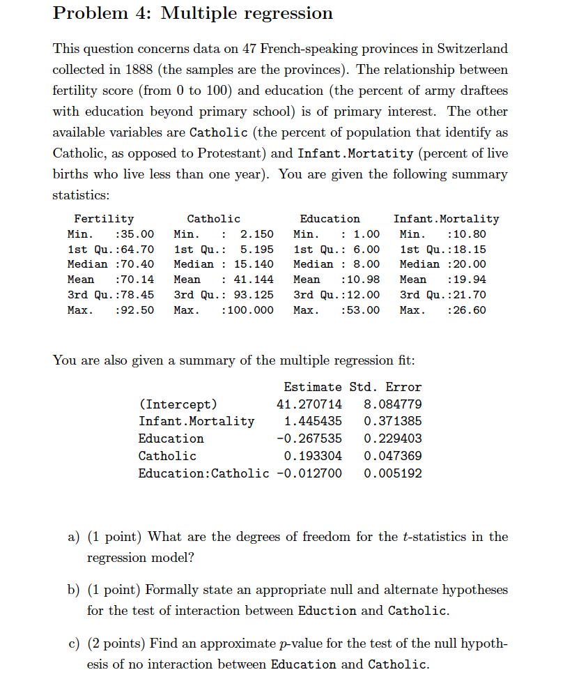 Problem 4: Multiple regression This question concerns | Chegg.com