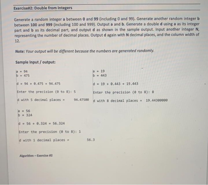 Exercise#2: Double from Integers Generate a random | Chegg.com