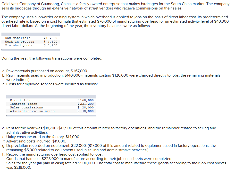 Solved Gold Nest Company of Guandong, China, is a | Chegg.com