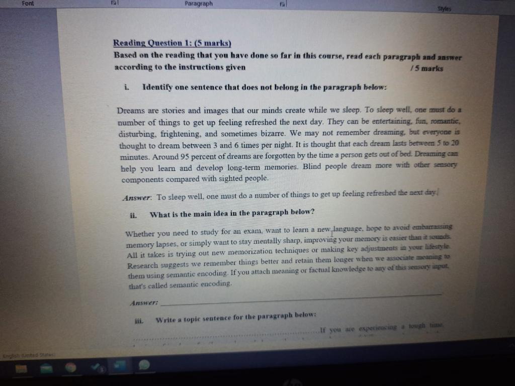 Solved Font Paragraph Styles Reading Question 1: (5 marks) | Chegg.com