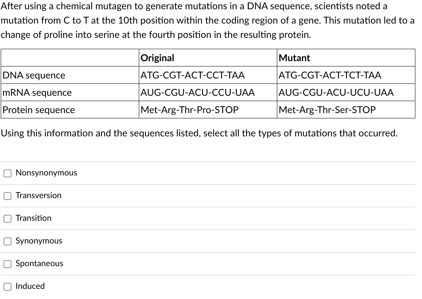 After using a chemical mutagen to generate mutations in a DNA sequence, scientists noted a mutation from \( \mathrm{C} \) to 
