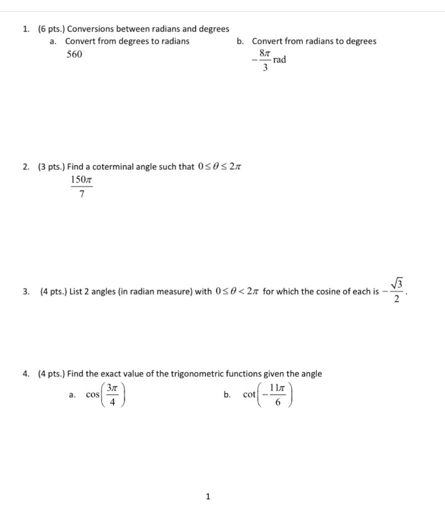 Solved 1. (6 pts.) Conversions between radians and degrees | Chegg.com