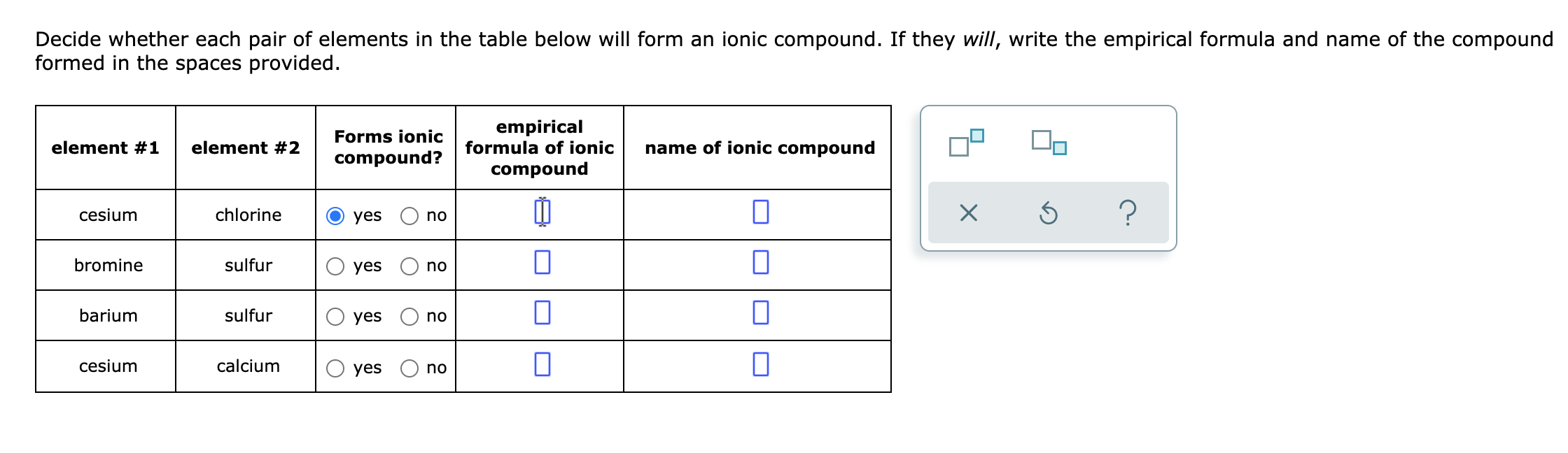 Solved Decide whether each pair of elements in the table