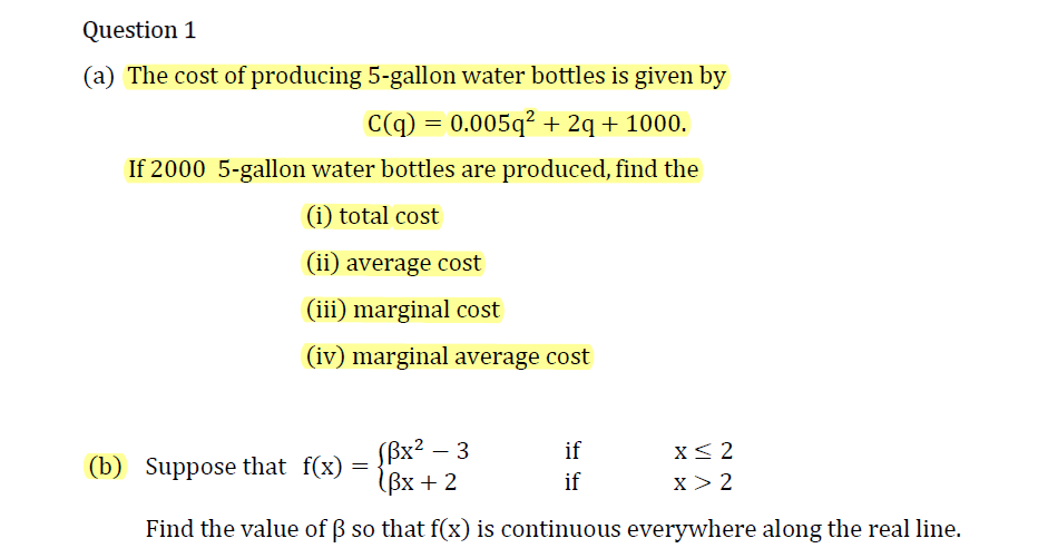 Solved Question 1 A The Cost Of Producing 5 Gallon Water Chegg Com