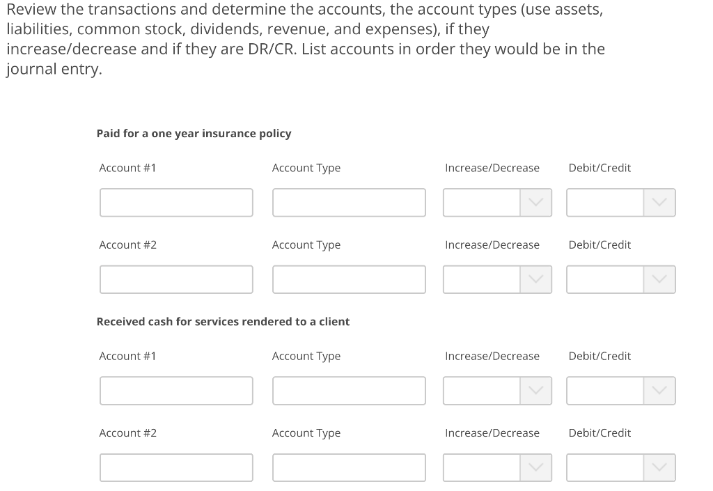 Solved Review the transactions and determine the accounts, | Chegg.com