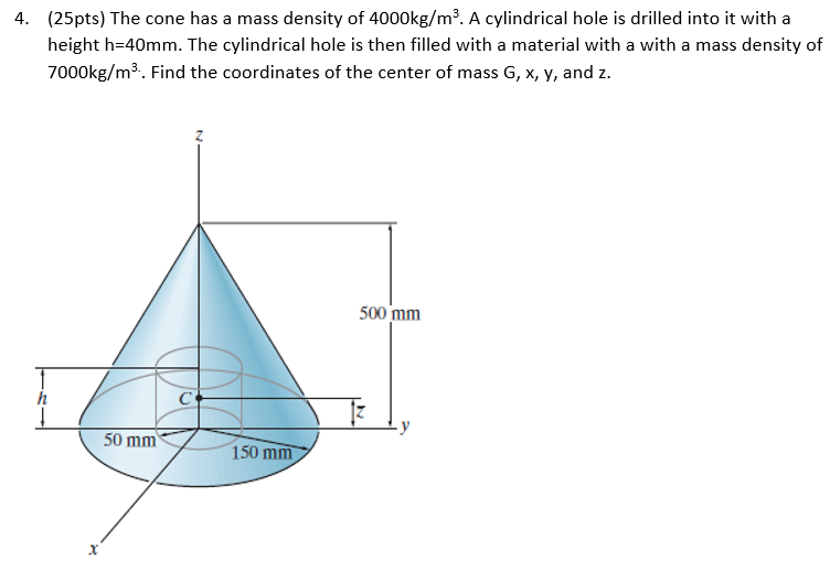 Solved 4. (25pts) The cone has a mass density of 4000 kg/m3. | Chegg.com