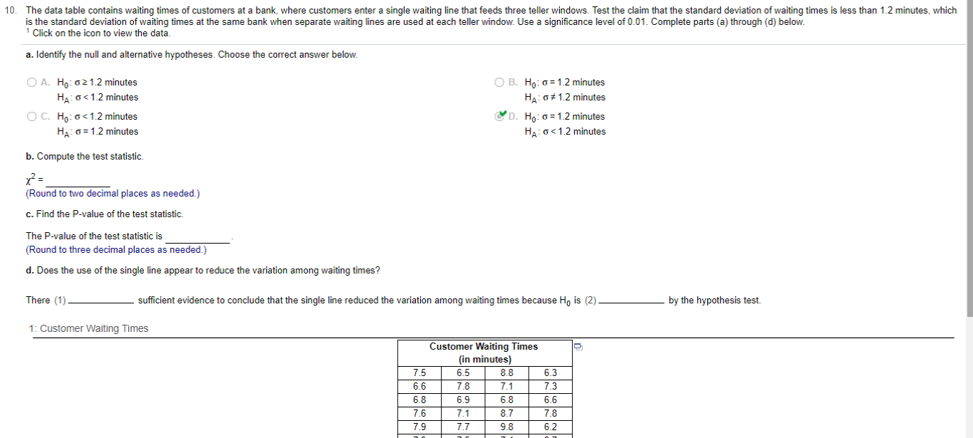 Solved 10. The data table contains waiting times of | Chegg.com