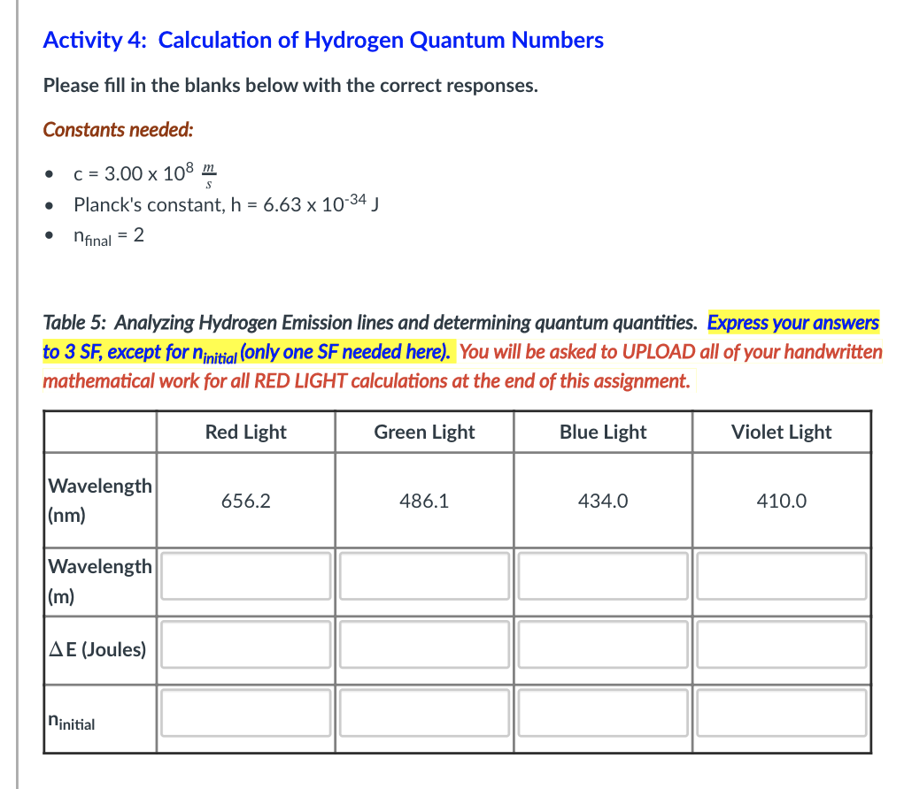 Solved Activity 4: Calculation Of Hydrogen Quantum Numbers | Chegg.com