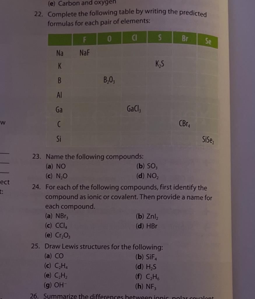 Solved (e) Carbon and oxygen 22. Complete the following | Chegg.com