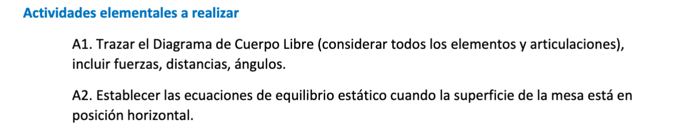 A1. Trazar el Diagrama de Cuerpo Libre (considerar todos los elementos y articulaciones), incluir fuerzas, distancias, ángulo