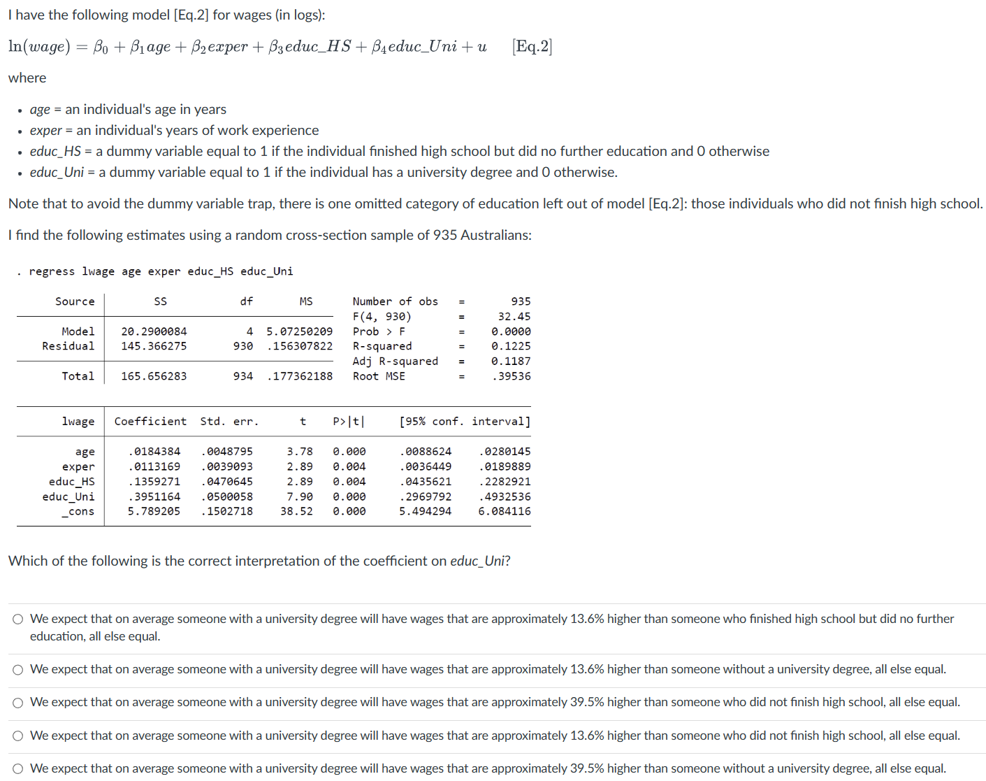 Solved I have the following model [Eq.2] for wages (in | Chegg.com