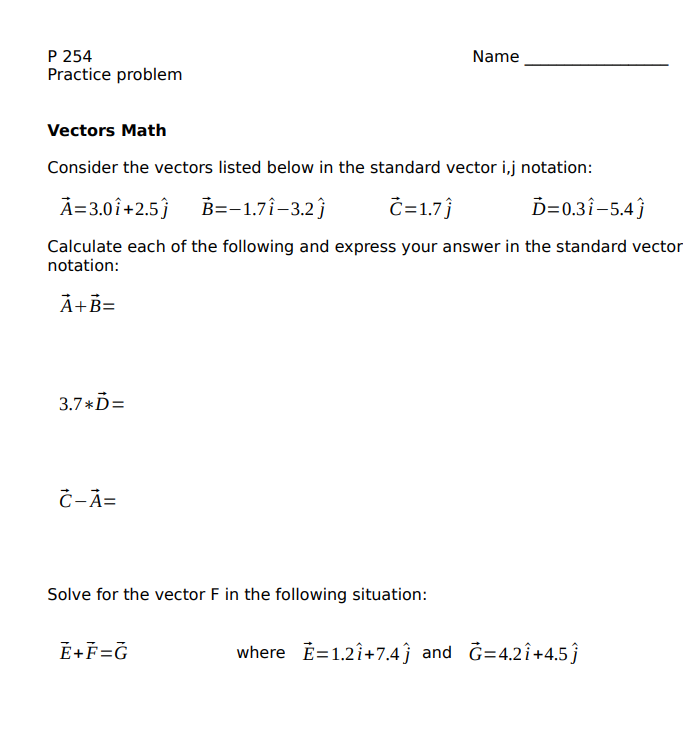 Solved Name P 254 Practice Problem Vectors Math Consider Chegg Com