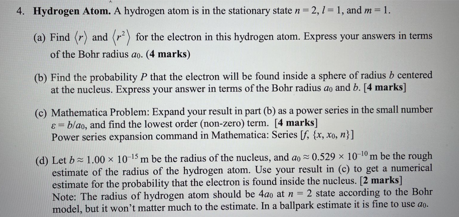 Solved 4. Hydrogen Atom. A hydrogen atom is in the | Chegg.com