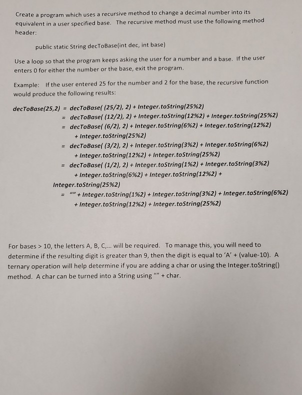 Solved Create a program which uses a recursive method to | Chegg.com