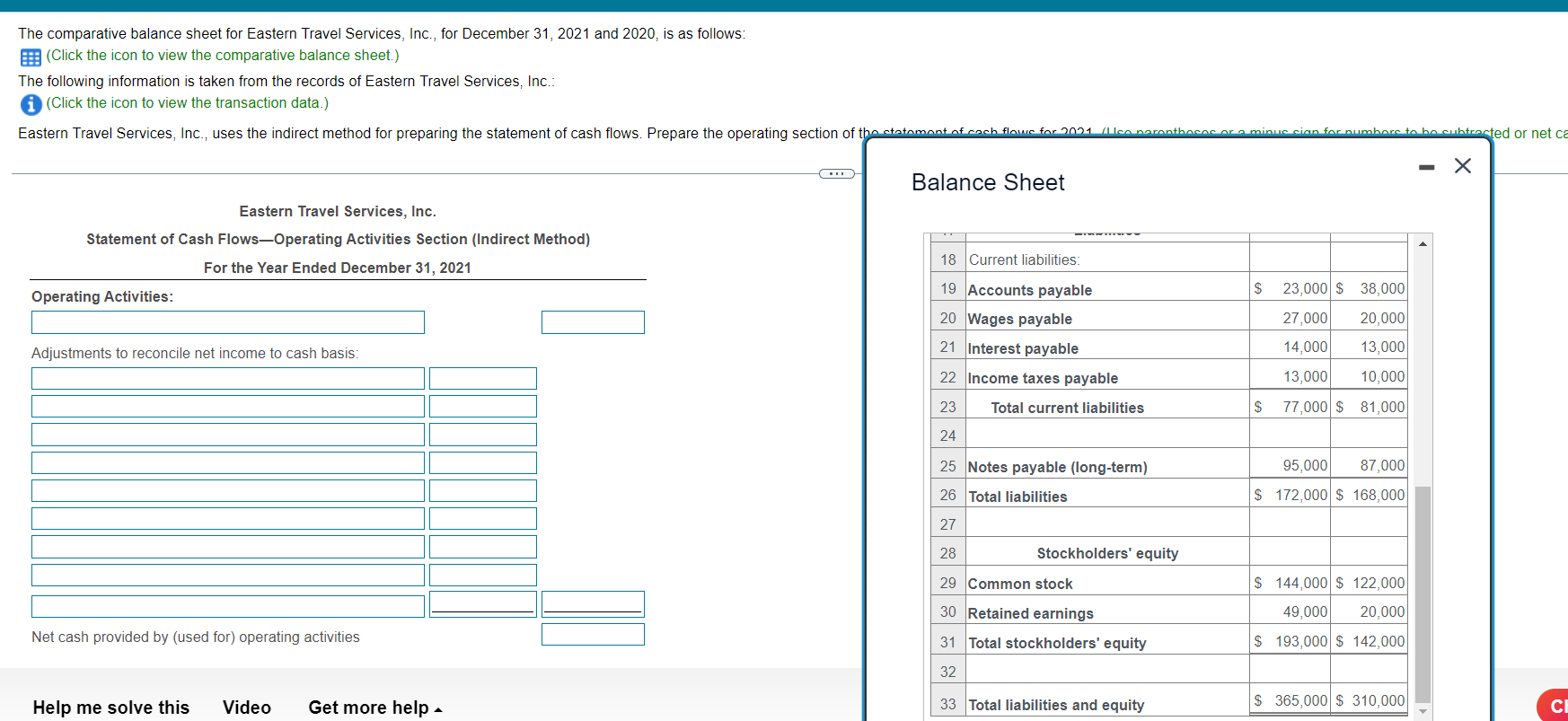 Solved The comparative balance sheet for Eastern Travel | Chegg.com