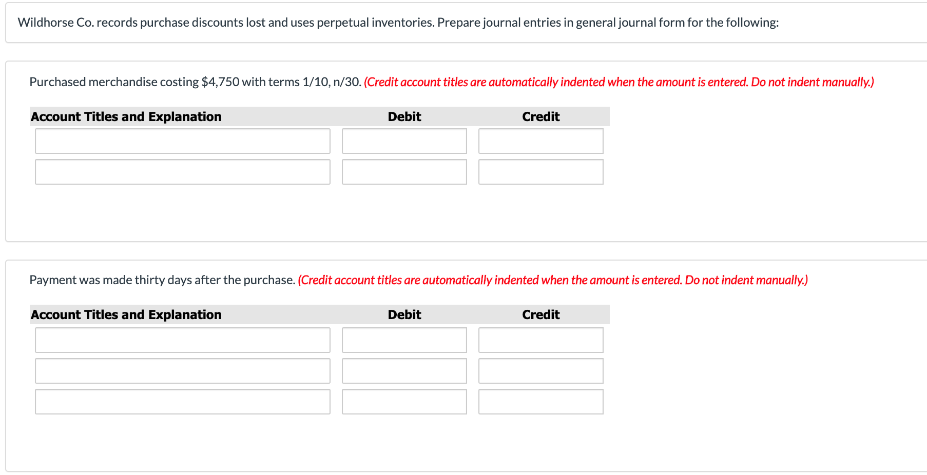Solved Wildhorse Co. records purchase discounts lost and