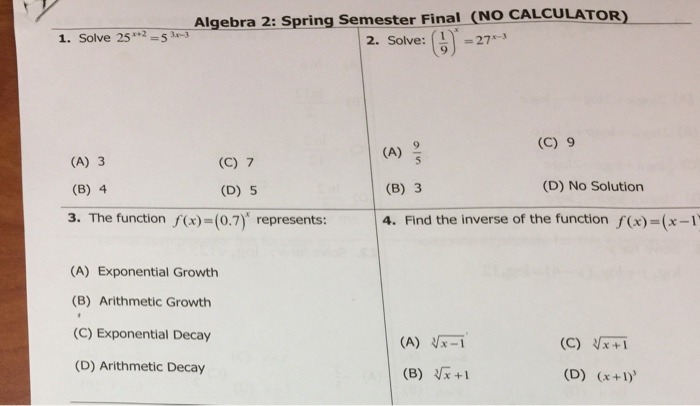 Solved Algebra 2: Spring Semester Final (NO CALCULATOR) 2. | Chegg.com